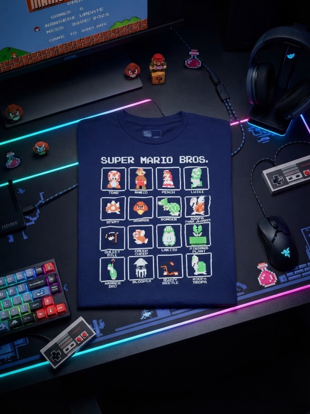 Super Mario Bros. Pixel Grid Navy‎ Short Sleeve Tee